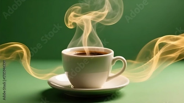 Obraz Steaming cup of coffee on a saucer with rising aroma against a green backdrop on transparent background