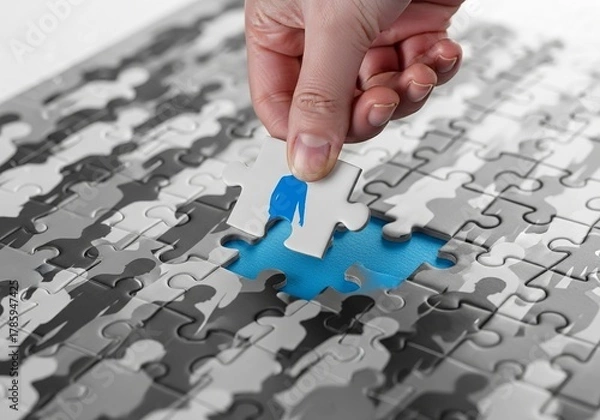 Fototapeta Close up of a hand placing a bright blue puzzle piece into a grayscale jigsaw puzzle