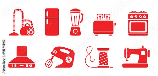 Obraz Red Icons of Household Appliances and Sewing Tools on White Background