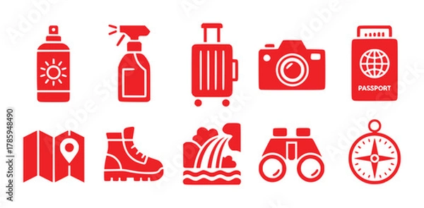 Obraz Red Travel Icons: Sunscreen, Luggage, Camera, Passport, Map, Boots, Waterfall, Binoculars, Compass