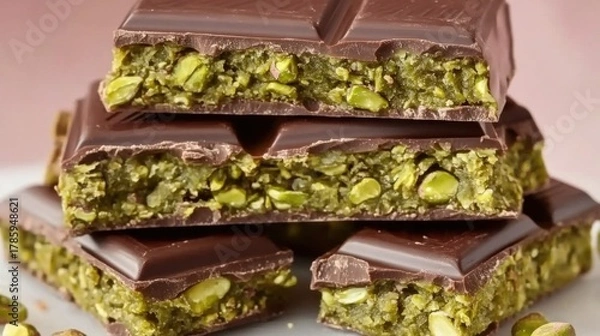 Fototapeta Dubai milk chocolate bar filled with kataifi dough and green pistachio paste