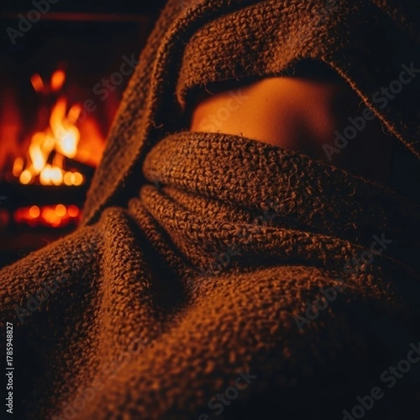 Fototapeta Anonymous person wrapped in a warm, brown hooded blanket relaxing by a cozy fireplace.