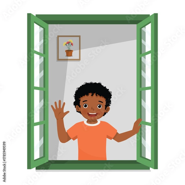 Obraz Little African boy opening window greeting waving hand in the morning
