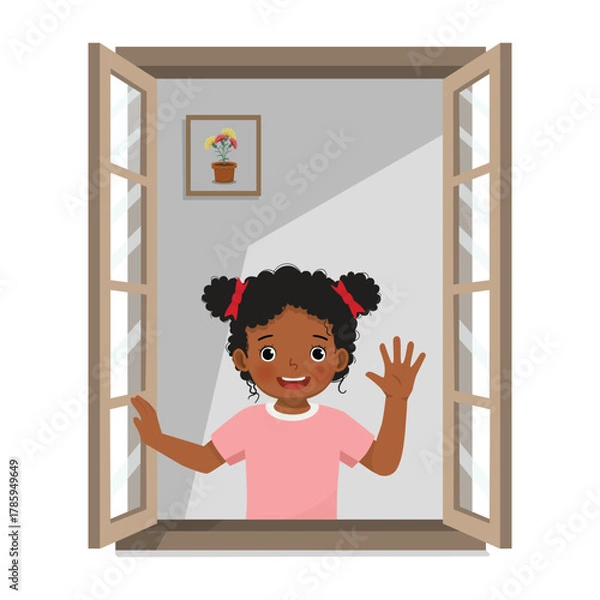 Obraz Little African girl opening window greeting waving hand in the morning
