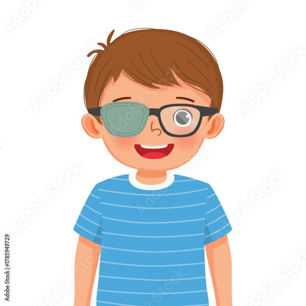 Obraz Little boy wear glasses with eye patch for lazy eye treatment