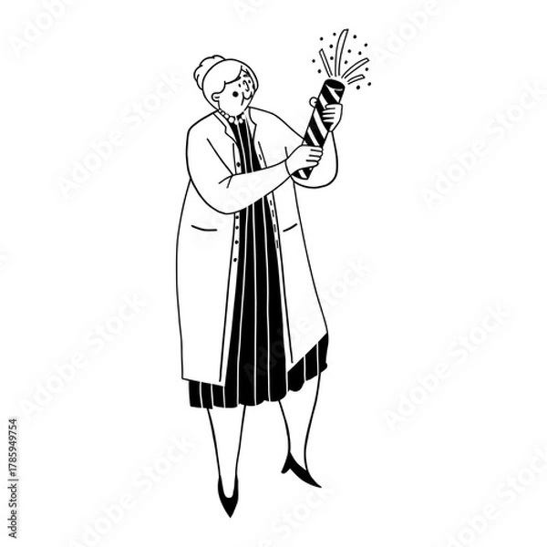 Fototapeta Grandma setting off confetti popper vector illustration for party celebration and new year event surprise. Happy elderly woman with firework doodle line art monochrome style festive moment