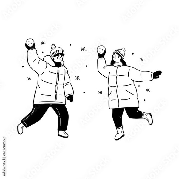 Fototapeta Boy and girl having a snowball fight vector illustration for happy winter fun and cold weather activity. Children throwing snowballs doodle line art monochrome style cheerful game