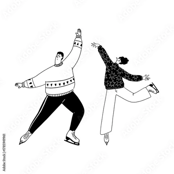 Fototapeta Man and woman ice skating together vector illustration for winter sports activity and holiday fun. Couple figure skating doodle line art monochrome style cheerful recreation