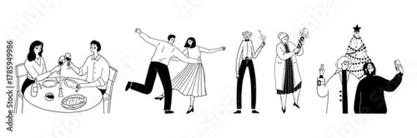 Fototapeta Set of people celebrating holiday events including dinner dancing and New Year party vector illustration. Group celebrates Christmas and New Year doodle line art monochrome sty