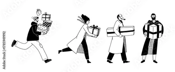 Fototapeta Set of people running walking and standing holding gifts vector illustration for holiday shopping and celebration. Characters delivering presents doodle line art monochrome style