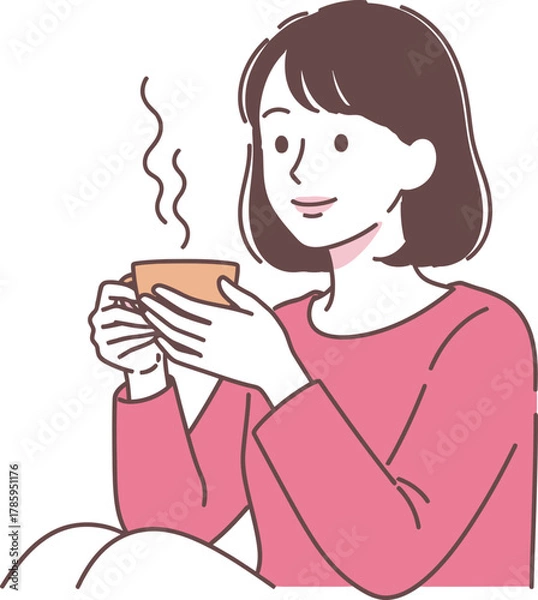 Fototapeta A serene woman enjoys a warm beverage, creating a moment of relaxation and comfort, perfect for a peaceful break