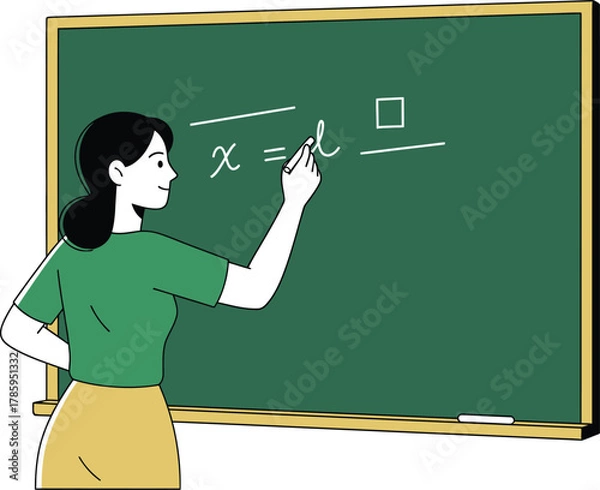 Fototapeta A teacher is writing math equations on the blackboard in the classroom