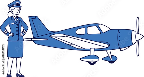 Fototapeta A female pilot in uniform stands next to a small airplane, the plane is blue and white, and the pilot is smiling