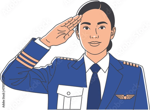 Fototapeta Illustration of a confident female pilot saluting, symbolizing professionalism and dedication in aviation
