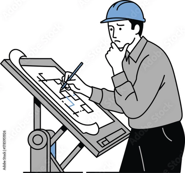 Fototapeta An architect is working on a blueprint, wearing a hard hat, thinking about the design and construction of a building, with a pen in hand