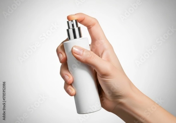 Fototapeta Close up of a hand holding a white spray bottle with a silver nozzle against a grey background