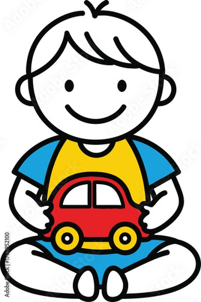 Fototapeta A delightful baby is sitting crosslegged, clutching a toy car with glee, his innocent eyes sparkling with wonder and the simple joys of early development