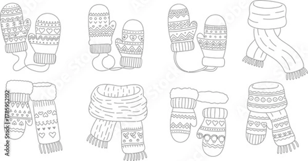 Fototapeta Handdrawn outline of winter accessories mittens, gloves, and scarves in various designs for coloring books or patterns