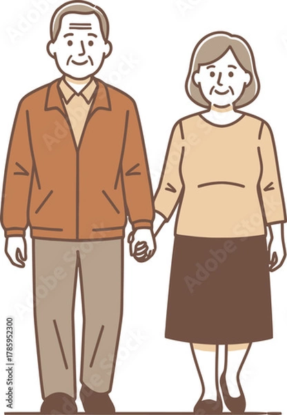 Fototapeta An elderly couple is holding hands and walking together, they are smiling and look happy in this vector illustration