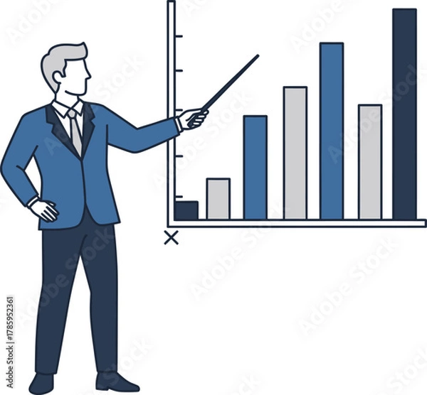 Fototapeta A businessman is presenting a bar graph with a pointer, showing data analysis and business growth
