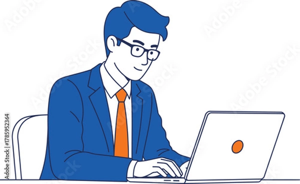 Fototapeta A young businessman is working on his laptop, he is wearing a suit and tie in this vector illustration