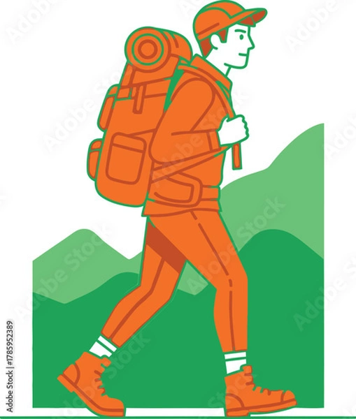 Fototapeta A man hikes through the mountains with a large backpack, enjoying the outdoors and exploring nature