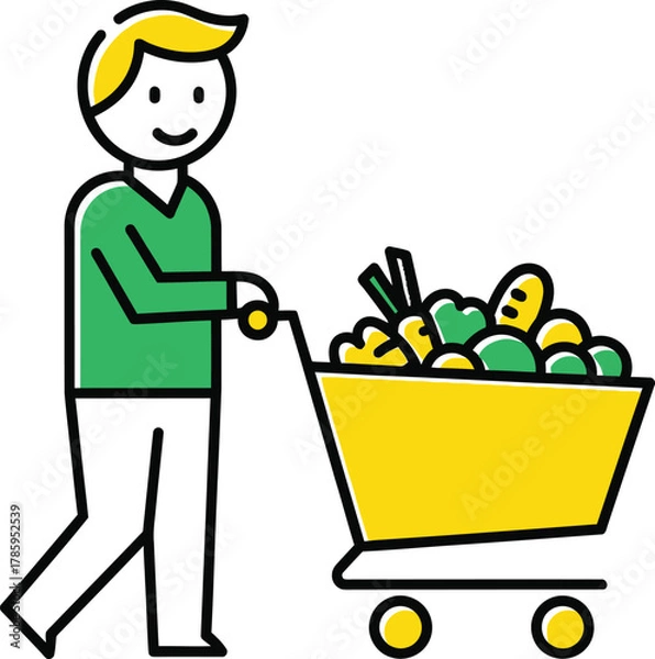 Fototapeta A person is pushing a shopping cart full of fresh vegetables, ready to make a healthy meal the scene is vibrant