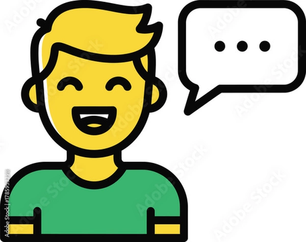 Fototapeta A happy man with blond hair is smiling and talking in a speech bubble, he is wearing a green shirt and looks cheerful