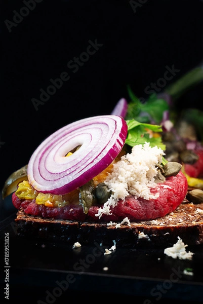 Fototapeta Close-up of Danish smorrebrod, open rye sandwich with ground beef steak tartare.