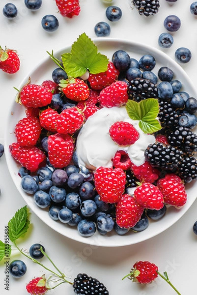 Obraz A delightful bowl of creamy yogurt topped with fresh blueberries and raspberries, perfect for a healthy snack or breakfast