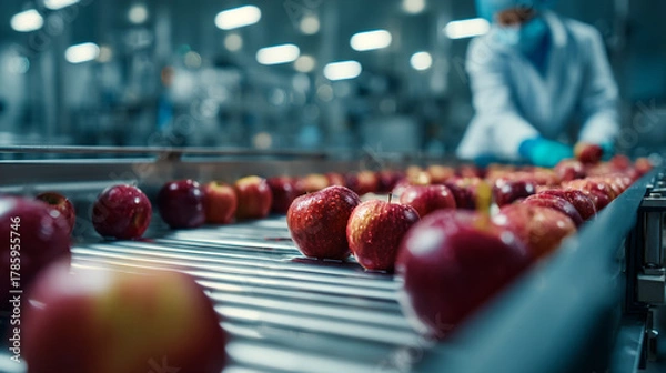 Obraz Red apples on a conveyor belt in a food processing plant with worker in background