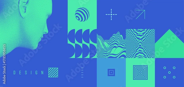 Fototapeta Digital human head. Geometrical pattern. Mosaic. Cover design template. Vector for presentation, placard, banner, poster, brochure or notebook.