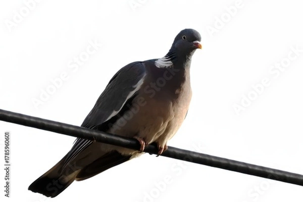Fototapeta Wood Pigeon, Columba palumbus, Perched on Black Wire Against Bright White Background