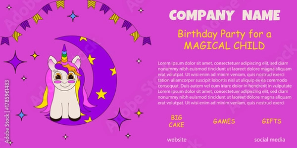 Fototapeta Holiday management company vector banner. Cute Unicorn on the moon with Birthday typography. Birthday for magical child business banner. EPS 10 Editable