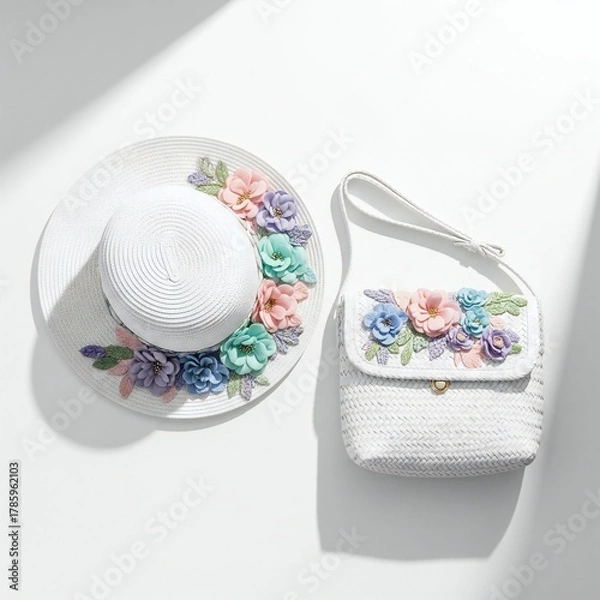 Fototapeta A white straw sun hat and a matching purse decorated with pastel colored flowers on a white background
