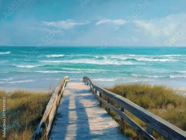 Obraz Serene beach painting with soft waves gently breaking on the shore, a sun-drenched wooden boardwalk casting shadows, and vibrant green dune grass under a clear, expansive blue sky