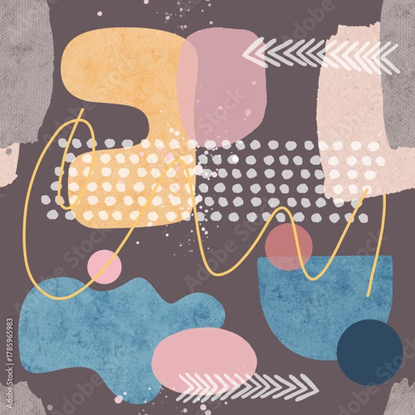 Fototapeta Seamless abstract background with geometric shapes, watercolor, and craft paper textures. Modern contemporary pattern in soft pastel colors, perfect for fabric design, wrapping paper.