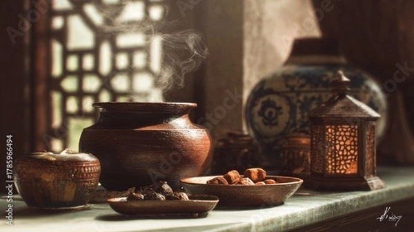 Fototapeta Still Life with Steaming Bowl, Lantern, and Decorative Pottery Composition