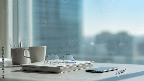 Fototapeta Workspace clarity: Still life with glasses, phone, and coffee by the window