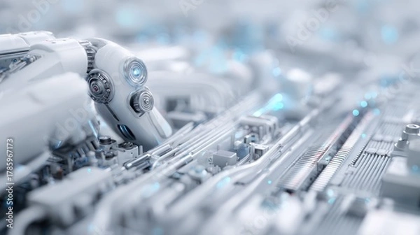 Fototapeta Futuristic technology concept art featuring a robot arm in white environment