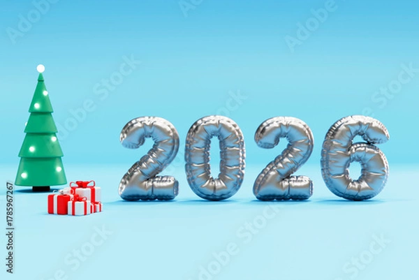 Fototapeta Shiny 2026 balloon digits with tree and gifts on blue studio