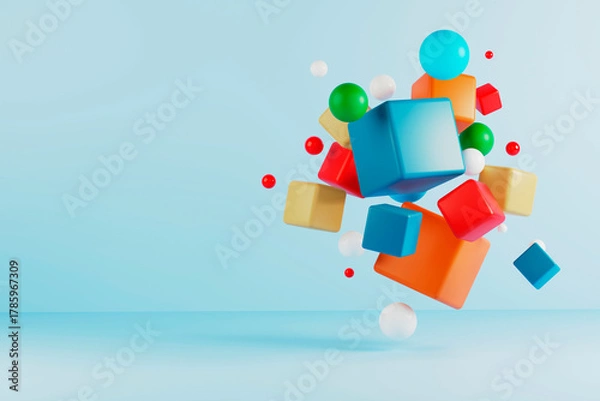 Fototapeta Vibrant 3D cubes and spheres floating on pale blue