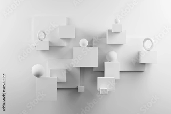 Fototapeta White abstract cubes on wall casting soft 3D shadows.