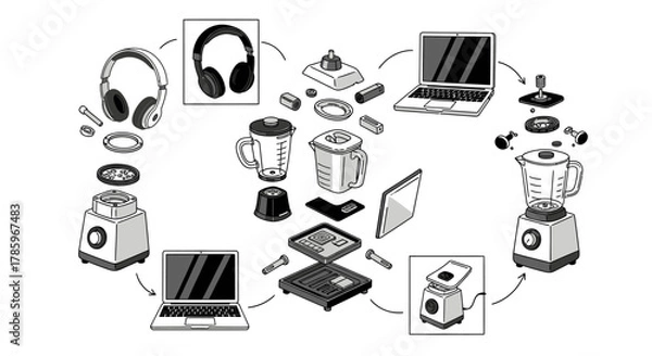 Obraz Circular Economy Concept with Disassembled Electronics and Appliances.