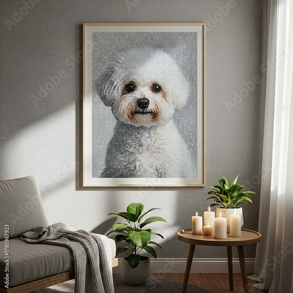 Fototapeta Person completing a diamond painting of a white dog with a pink applicator pen and tray of gems