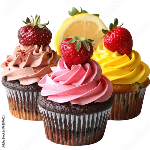 Obraz Colorful cupcakes with strawberry toppings displayed on a white background on transparent background