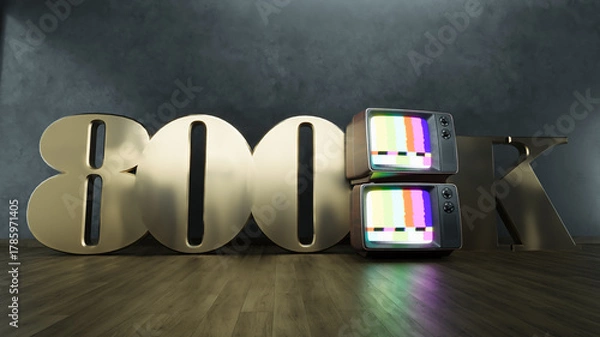 Obraz golden number 800K eight hundred thousand social media followers with old retro television on dark background