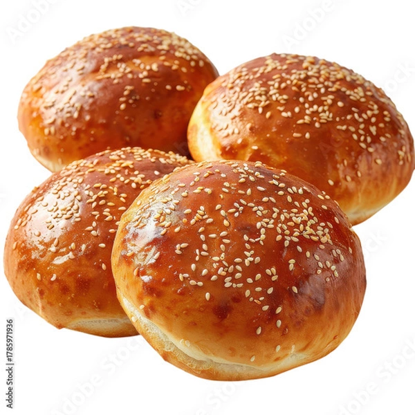 Fototapeta Freshly baked sesame seed rolls with golden brown crust on a white background on transparent background