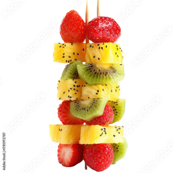 Fototapeta Colorful fruit skewers featuring strawberries, pineapples, kiwi, and more for a refreshing summer treat on transparent background