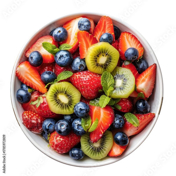 Obraz Colorful fruit bowl filled with fresh strawberries, blueberries, kiwis, and mint leaves ready for a summer snack on transparent background